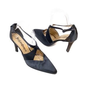 Vintage Yves Saint Laurent Black Satin Cross-Strap Heels‎ – Size US 6 / EU 36.5